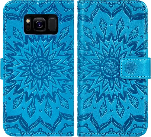 Vista 5 de Funda de teléfono para Samsung Galaxy S8 con protector de pantalla de vidrio templado, funda de cuero con tapa de girasol, soporte para tarjetas
