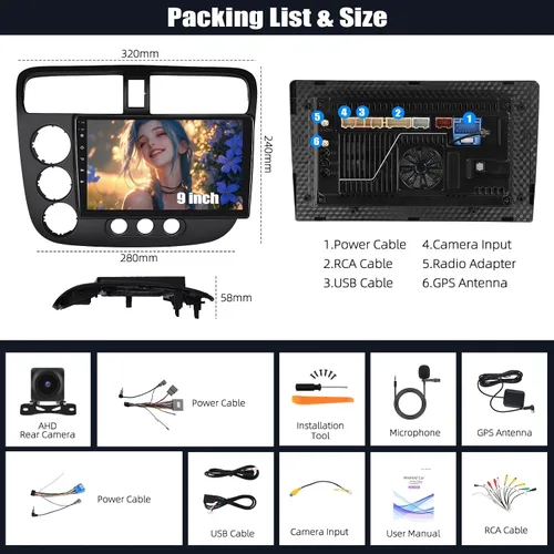 Vista 7 de Qualcomm 8-Core 4G+64G Estéreo de coche para Honda Civic 2001 2002 2003 2004 2005 con CarPlay Android Auto 9 "IPS pantalla táctil Android 15 Radio