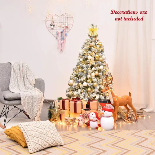 Vista 9 de Goplus - Árbol de Navidad artificial nevado de 4.5 pies, con nieve, flocado, con bisagras, preiluminado con 200 luces LED, 400 puntas de ramas