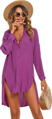 Vista 3 de AOLRO Camisas de playa para mujer, con botones, cuello en V, para cubrir el traje de baño
