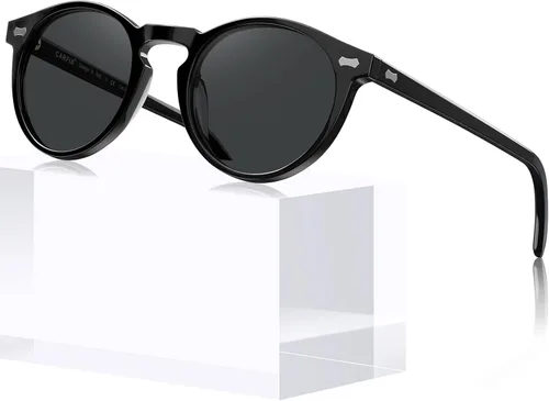 Vista 10 de CARFIA Gafas de sol polarizadas para mujeres con protección UV, marco de acetato para cara pequeña CA5288 A: Marco negro lente gris