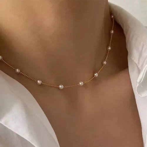 Vista 3 de Ieftop Collares de perlas para mujer, chapado en oro de 14 quilates, hecho a mano, delicado collar de cadena de perlas de agua dulce, collar