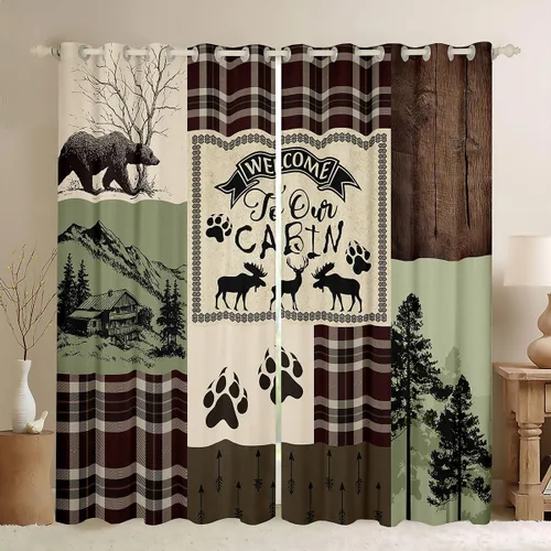 Vista 13 de Cortinas rústicas retro de cabaña, cortinas opacas de oso ciervo, 38 pulgadas de ancho x 45 pulgadas de largo, 2 paneles, cortinas de caza