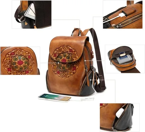 Vista 3 de Mochila de cuero para mujer, organizador retro de bronceado vegetal, bolso de cuero vintage en relieve tótem, naranja marrón, Bolso de hombro tótem