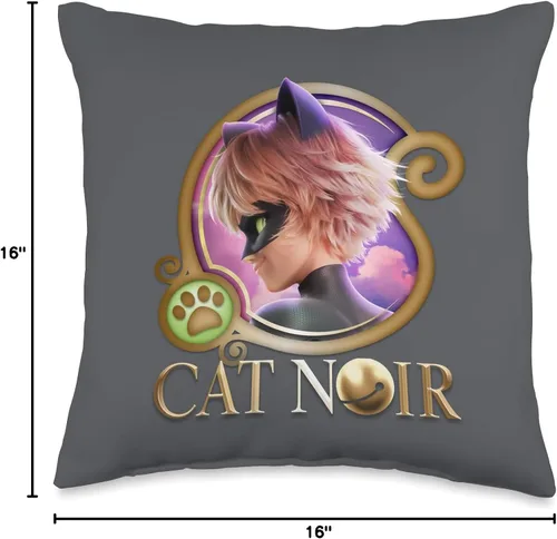 Vista 4 de Miraculous Ladybug The Movie Cat Noir Badge - Almohada dorada, 16 x 16 pulgadas, multicolor