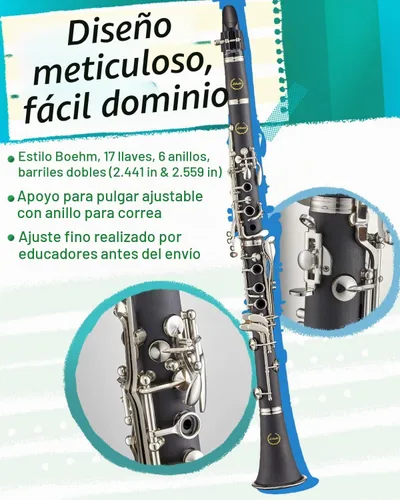 Vista 3 de Libretto Juego de clarinete Bb para principiantes e intermedios, boquilla y cañas de marca, soporte de música, kit de limpieza, instrucciones, funda