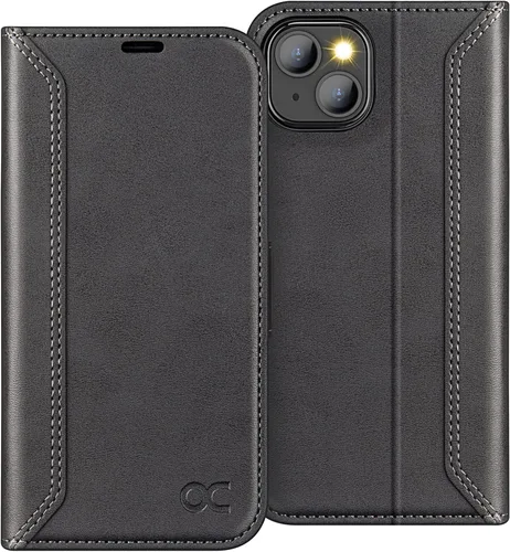 Vista 17 de OCASE Funda tipo cartera compatible con iPhone 13, de piel sintética con tapa tipo folio, con tarjetero, bloqueo RFID, soporte