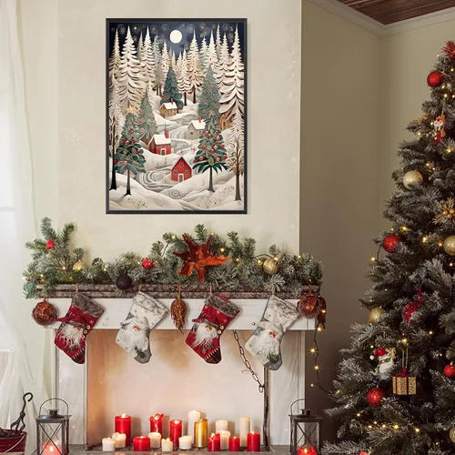 Vista 2 de uoyien Arte de pared vintage de Navidad, impresiones de pintura en lienzo, regalos de Navidad para niños, arte de pared estético de casa de campo