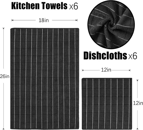 Vista 2 de Puomue Juego de toallas y paños de cocina de microfibra, 26 x 18 pulgadas y 12 x 12 pulgadas, juego de 12 paños de cocina a granel sin pelusa