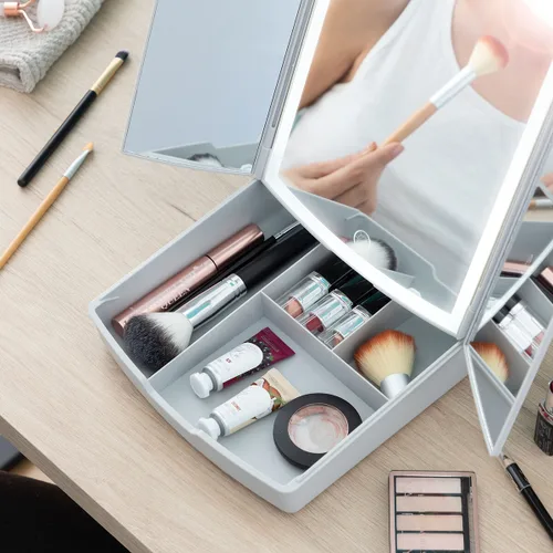 Vista 3 de Espejo LED Plegable con Organizador de Maquillaje 3 en 1 Panomir InnovaGoods
