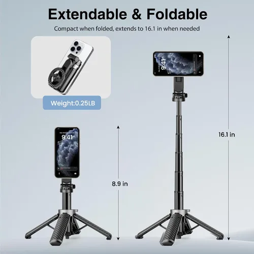 Vista 4 de Trípode magnético multifuncional 4 en 1, palo selfie portátil para iPhone y Android con control remoto desmontable y anillo de metal, trípode