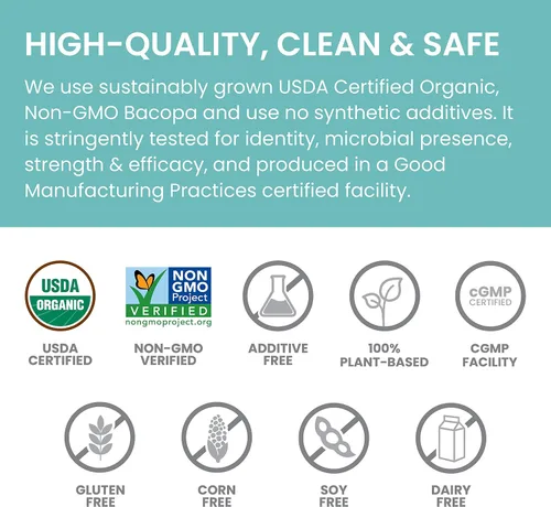 Vista 5 de Himalaya Bacopa orgánica - Suplementos herbales de Bacopa Monnieri para el apoyo a la memoria y la concentración - USDA Orgánico, vegano, sin OMG