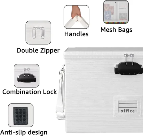 Vista 5 de ROSONG Caja de Documentos Ignífuga Organizador de Archivos - Caja de Almacenamiento Portátil Impermeable con Cerradura y Asa para Colgar Carpetas