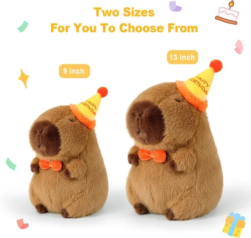 Vista 6 de Ditucu Lindo Peluche de Capibara con Sombrero de Cumpleaños Feliz y Lazo, Animal de Peluche Suave, Juguetes de Peluche para Niños, Decoración