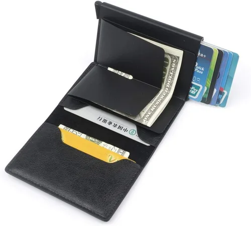 Vista 6 de CHJGLNL Cartera de cuero genuino para hombre bloqueo RFID de aluminio automático para tarjetas de crédito A-Negro Slim