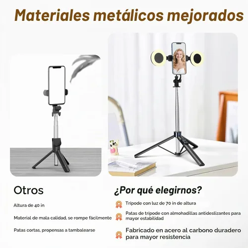 Vista 3 de Trípode de teléfono de 70 pulgadas y palo selfie con luz, soporte de trípode de metal con control remoto inalámbrico, trípode portátil para selfie