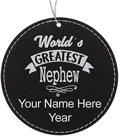 Vista 4 de LaserGram Personalized Christmas Ornament, World's Greatest Nephew, Faux Leather, Custom Laser Engraved Gift Idea (Round Shape, Black with Gold)