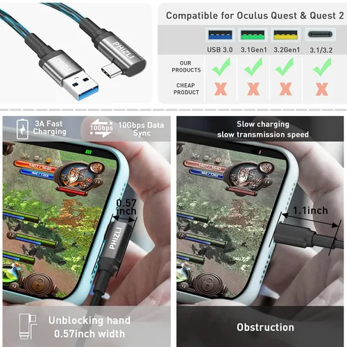 Vista 5 de Cable de enlace de 20 pies, cable para Oculus VR Link Cable de auriculares para Oculus Quest 2 Quest 1, cable de carga USB 3.0 tipo C a C de alta