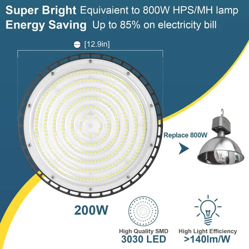 Vista 3 de Luz LED de alta bahía de 200 W, 28000 lúmenes, listado ETL, 5000 K, blanco brillante, equivalente a bombillas HPS o MH, luz industrial Highbay