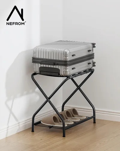 Vista 7 de Portaequipajes, soporte plegable para maleta con estante de almacenamiento, soporte de equipaje de metal para habitación de invitados, dormitorio