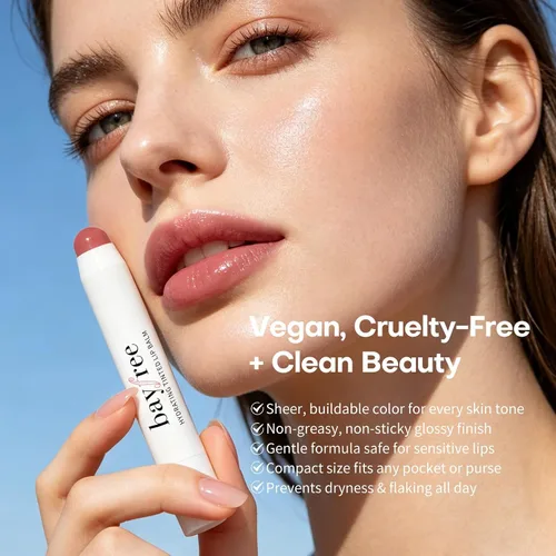 Vista 8 de bayfree Bálsamo labial tintado, brillante, bombea los labios, ligero, hidrata y tiñe con aceite de semilla de jojoba, bálsamo labial vegano, cuidado