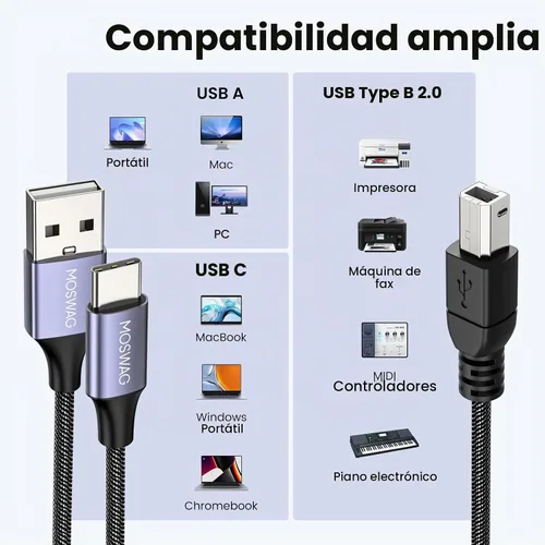 Vista 2 de MOSWAG Cable de impresora USB 2en1 de 3.28 pies/1M con cable USB C a MIDI, cable de impresora, cable USB MIDI USB C a USB B MIDI, cable, compatible