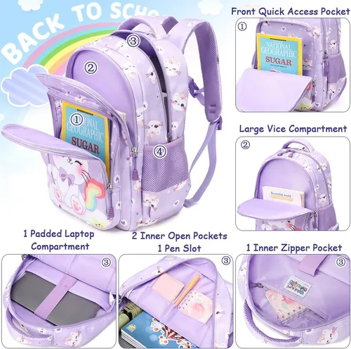 Vista 23 de Juego de mochila para niñas y adolescentes, mochila escolar para niños con bolsa para el almuerzo, estuche para lápices, mochilas escolares