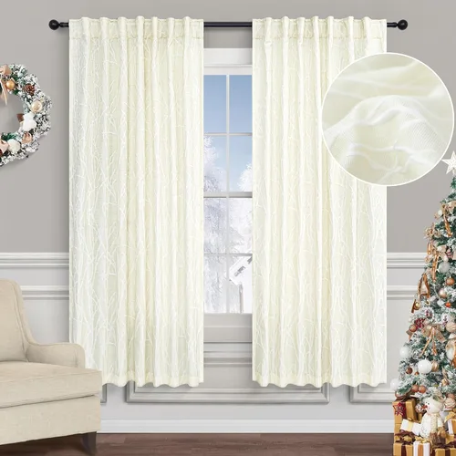 Vista 20 de Pitalk - Cortinas con patrón beige de 63 pulgadas de largo para dormitorio, 2 paneles con pestaña trasera y bolsillo, diseño de ramas de árbol