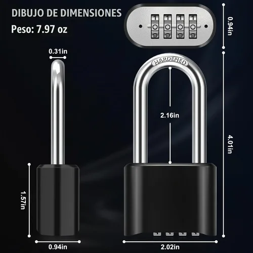 Vista 2 de Candado de combinación con grillete largo de 6.35 cm, Diyife - Candado grande para exteriores resistente a la intemperie, diseño de contraseña