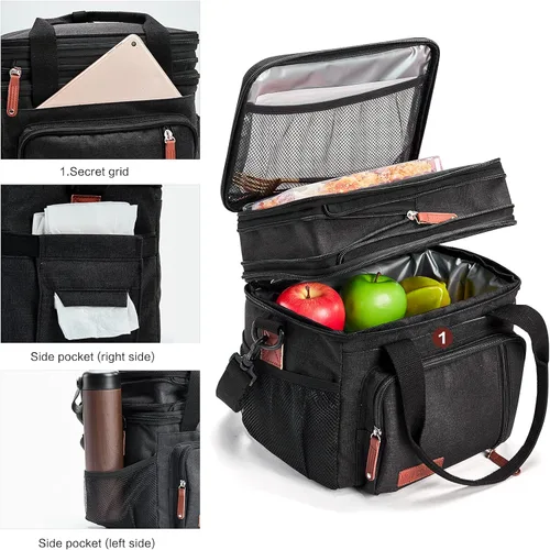 Vista 5 de MOV COMPRA Bolsas de almuerzo para hombres y mujeres, lonchera negra para adultos, para el trabajo, ampliable, a prueba de fugas, doble cubierta