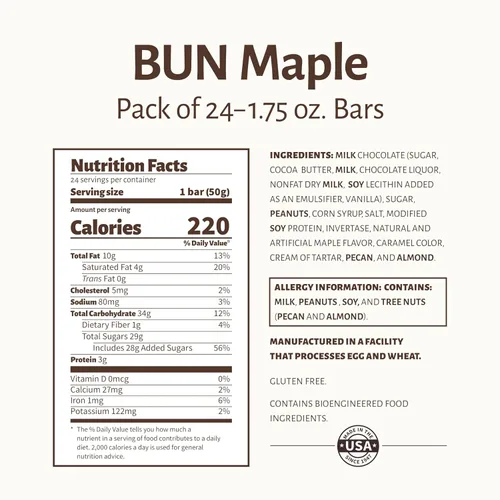 Vista 2 de Pearson 's Maple BUN Cluster Bar Cacahuetes tostados, chocolate con leche real y turrón de arce Paquete de 24 Envuelto individualmente