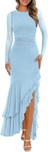 Vista 12 de BTFBM Maxi vestidos de mujer otoño 2026 manga larga vestido de invitada de Café