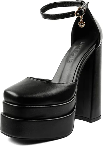 Vista 5 de MERUMOTE Zapatos de tacón alto sexy para mujer, con plataforma y punta cuadrada, tacones de bloque grueso, zapatos de fiesta con diamantes