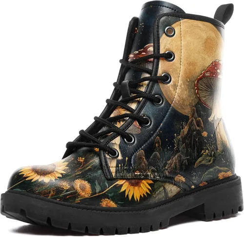 Vista 9 de Botas de Combate Florales de Setas para Mujer - Botas Góticas de Bosque Witchcore Tacón Grueso Cuero Vegano Moda con Cordones Botines Negros