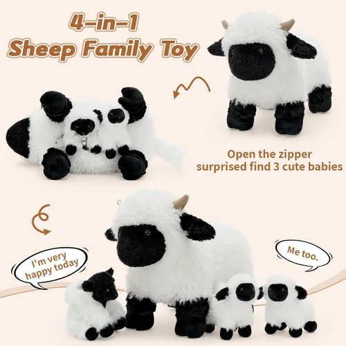 Vista 4 de Tezituor Valais - Juego de 4 animales de peluche de oveja Blacknose de 18 pulgadas, peluche grande de oveja con 3 lindos bebés de cordero, regalo
