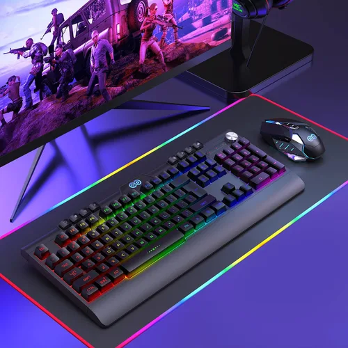 Vista 5 de Combo de teclado y mouse inalámbricos para juegos con retroiluminación LED arco iris, batería recargable de 4000 mAh, mecánica, ergonómica