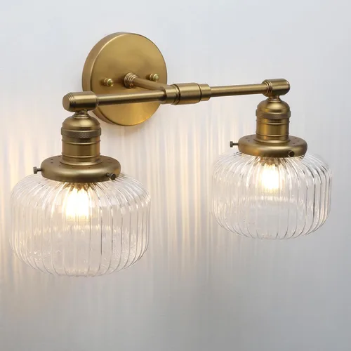 Vista 8 de 2 luces de pared industriales de vidrio, lámpara de pared de latón antiguo con pantalla de globo rayado transparente para tocador de baño