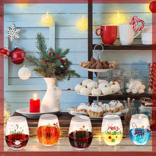 Vista 5 de Funtery 6 Piezas Vasos de Vino de Navidad sin Tallo, Divertido Juego de Regalo de Navidad para Maestros, Hombres, Mujeres, Familia, Amigos