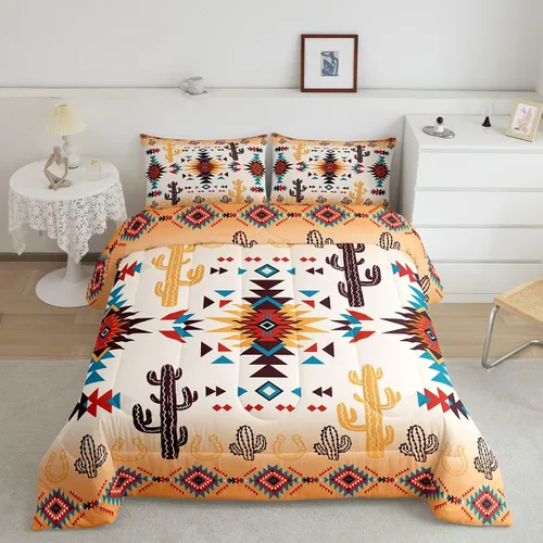 Vista 22 de Manfei Juego de edredón geométrico azteca, tamaño individual, juego de ropa de cama de cactus, vaquera occidental, decoración de habitación de niños