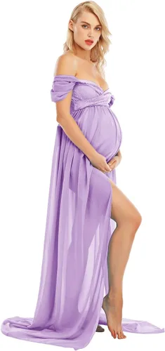 Vista 4 de ZIUMUDY Vestido de gasa de maternidad con hombros descubiertos para sesión de fotos, vestido largo de encaje frontal dividido para fotografía