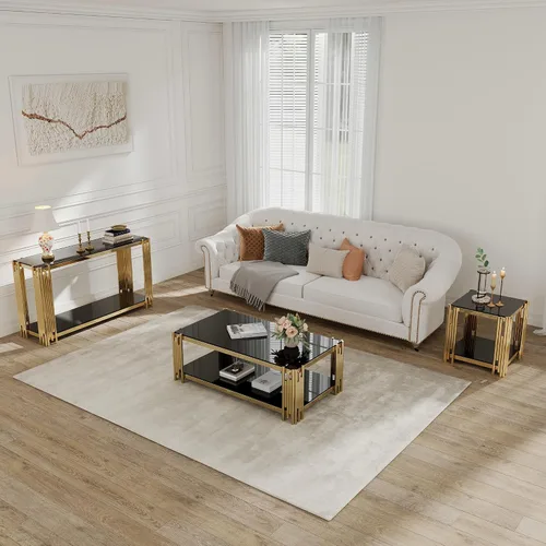 Vista 5 de SSLine Mesa consola moderna de lujo, mesa rectangular de cristal para entrada de pasillo, sala de estar, almacenamiento de 2 niveles, diseño