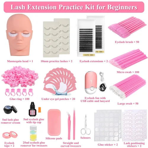 Vista 3 de Kit de extensión de pestañas para principiantes, kit profesional de extensión de pestañas con todo: cabeza de maniquí de pestañas, pestañas
