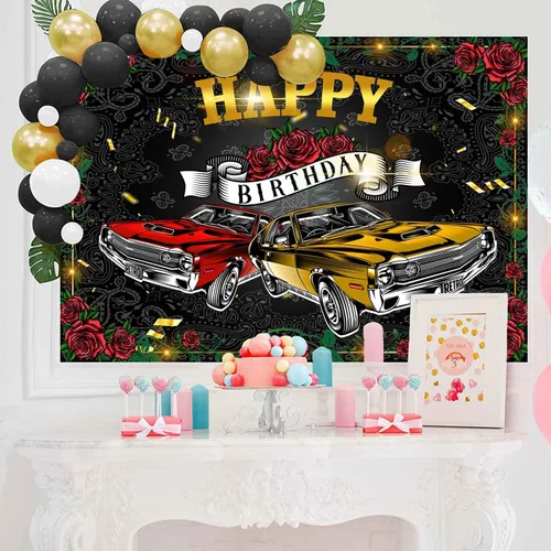 Vista 5 de Telón de fondo retro para automóvil de 9 x 6 pies para fiesta de cumpleaños, fiesta temática de los años 50, suministros de decoración de fiesta