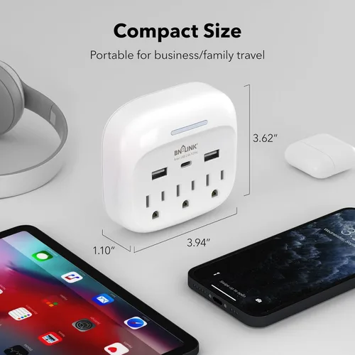 Vista 4 de BN-LINK Paquete de 2 extensores de salida de enchufe múltiple, 3 salidas de pared con 3 puertos USB (1 USB C), adaptador de carga para dormitorio