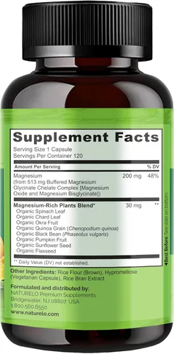 Vista 6 de NATURELO Complejo Quelado de Glicinato de Magnesio - 200 mg de magnesio con vegetales orgánicos para apoyar el sueño, la calma, los calambres