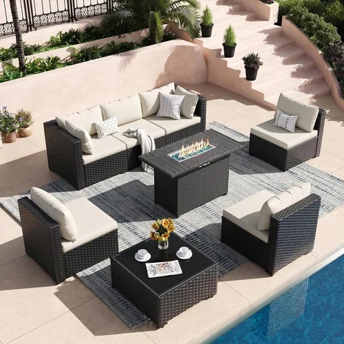 Vista 17 de Juego de muebles de patio, sofá seccional de mimbre para exteriores Beige/Negro
