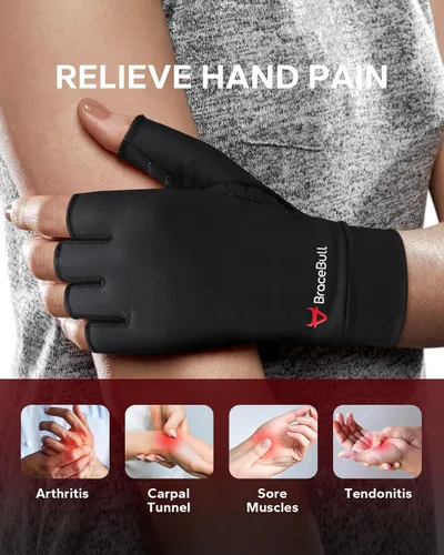 Vista 2 de BraceBull Guantes de artritis (1 par), guantes de compresión sin dedos con infusión de cobre, RSI y alivio del dolor de mano para mujeres y hombres