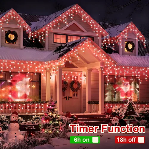Vista 6 de QITONG - Tira de luces de carámbanos rojas y blancas para exteriores, 33 pies con 400 LED, 8 modos, alambre transparente, luces de Navidad