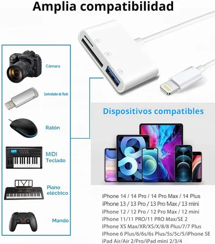 Vista 6 de Apple Lightning a tarjeta SD y TF Adaptador de cámara USB para iPhone/iPad, lector de tarjetas 3 en 1 USB Dongle para unidad flash USB, teclado
