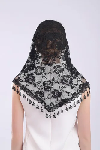 Vista 6 de Cilkus Velo de encaje Triángulo Mantilla velo Mantón o Bufanda Latina Masa Cabeza Cubierta con Flecos Encaje